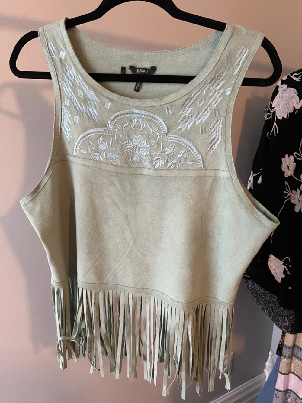 i jeans by Buffalo Sage Green Suede Fringe Tank with White Embroidery